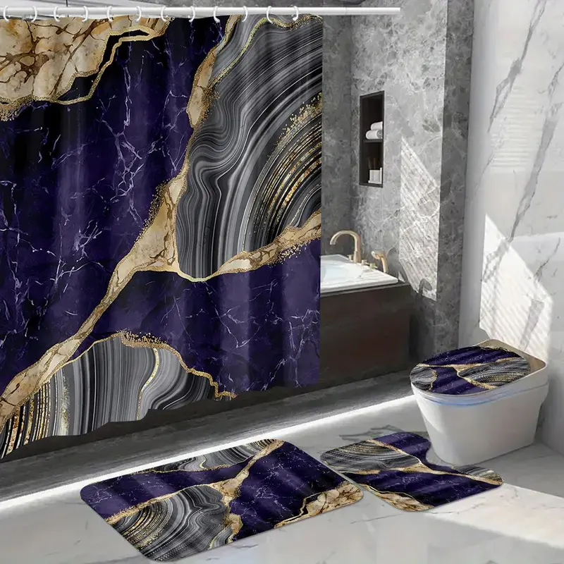 Marble Pattern Bathroom Accessories, 1 Set Including Shower Curtain with 12 Hooks, U-shaped Mat, Toilet Lid Cover Pad and Rectangular Mat 7