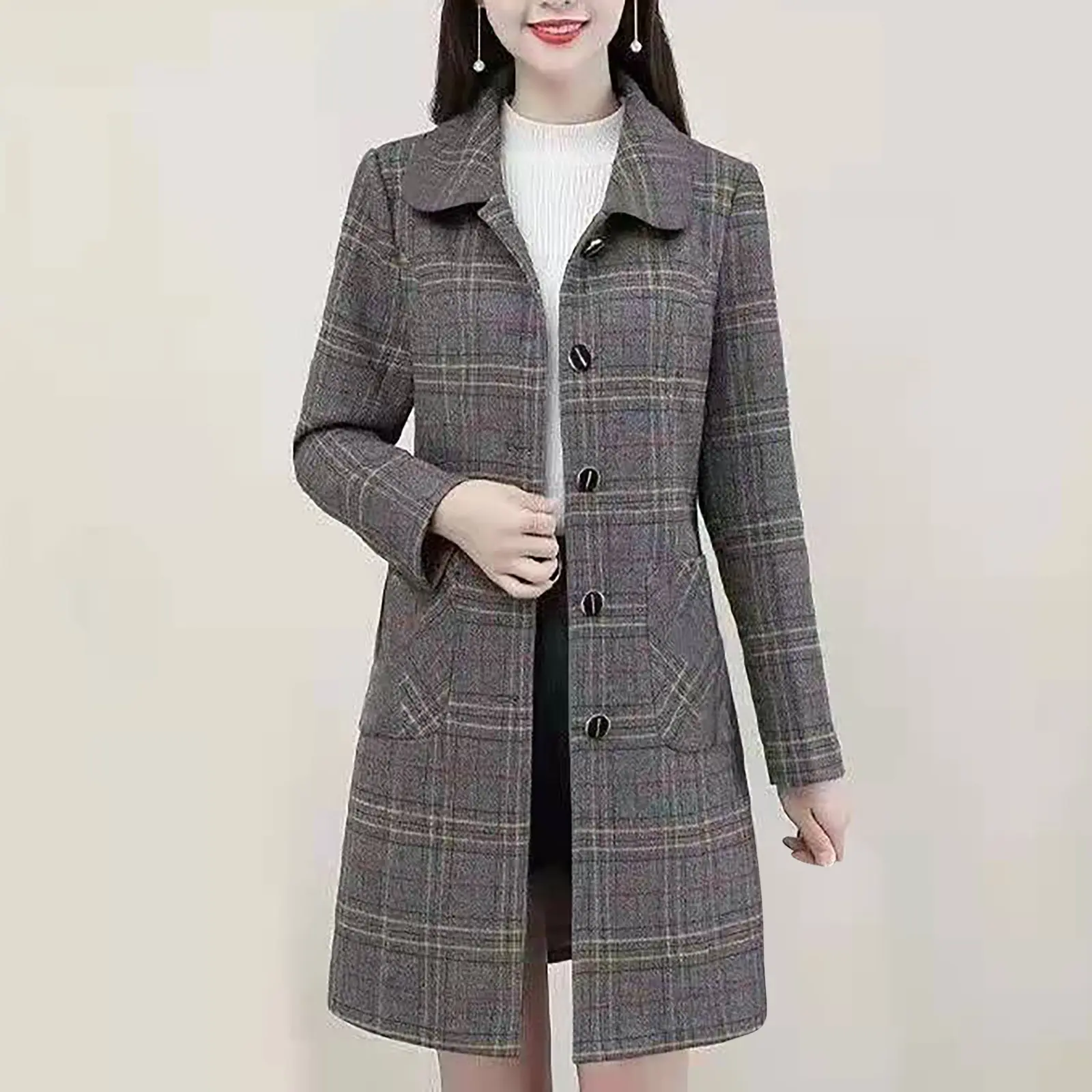 Women's Fashion Plaid Print Medium Long Woolen Loose Coat Jacket