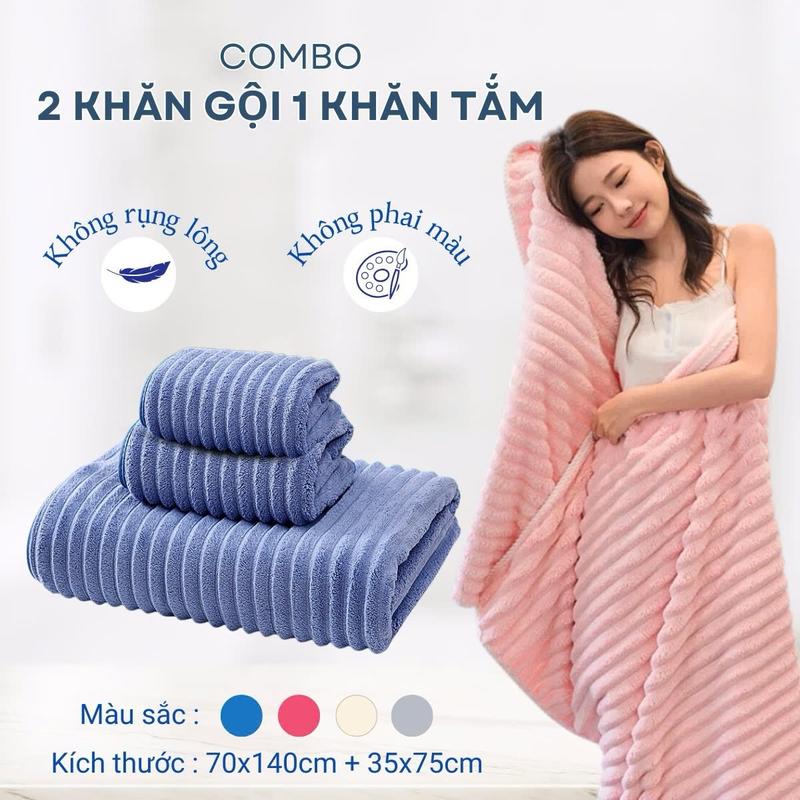 Bộ 3 Khăn (2 Gội, 1 Tắm) Làm Từ Sợi Cotton Cao Cấp Mềm Mịn, Thấm Hút, Không Ra Màu Dùng Cho Nhà Tắm Khăn Tắm