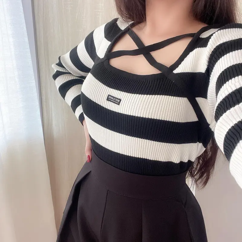 MODAMYTH BT001 - Atasan Knit Lengan Panjang Wanita Korean Style Top Rajut Stripes Knitwear 4