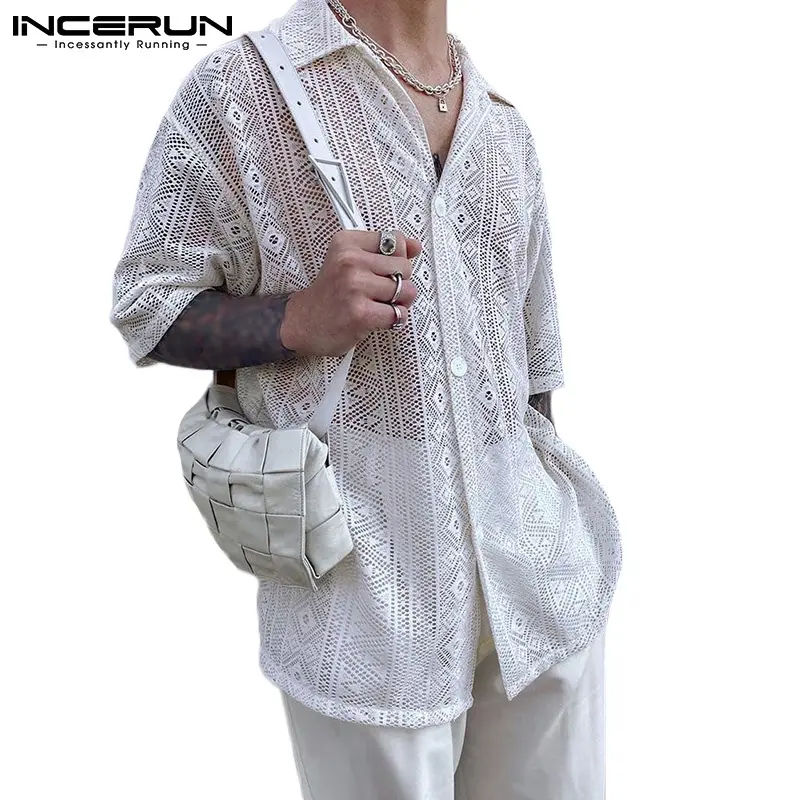 Incerun - baju lutsinar untuk lelaki, seksi, putih, separuh lengan, kolar