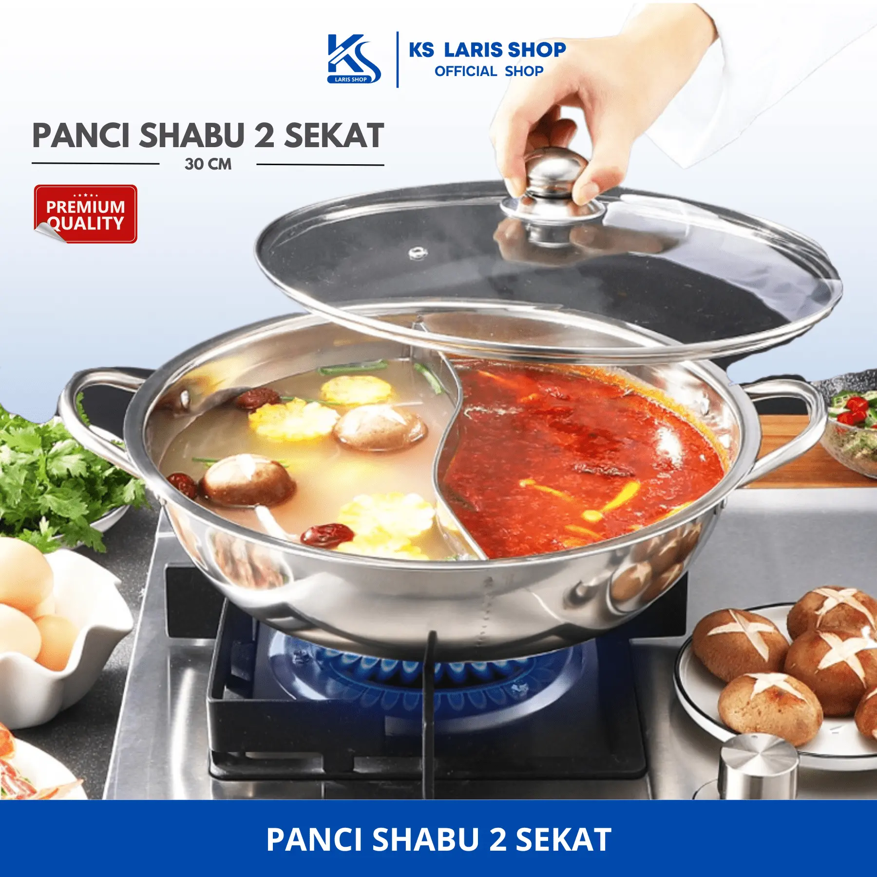 KSL - Panci Shabu Shabu 2 Sekat - Panci Rebus Jepang Stainless Stell - Steamboat Hot Pot / Dandang Steamer Dengan Tutup Kaca Kotak Steel