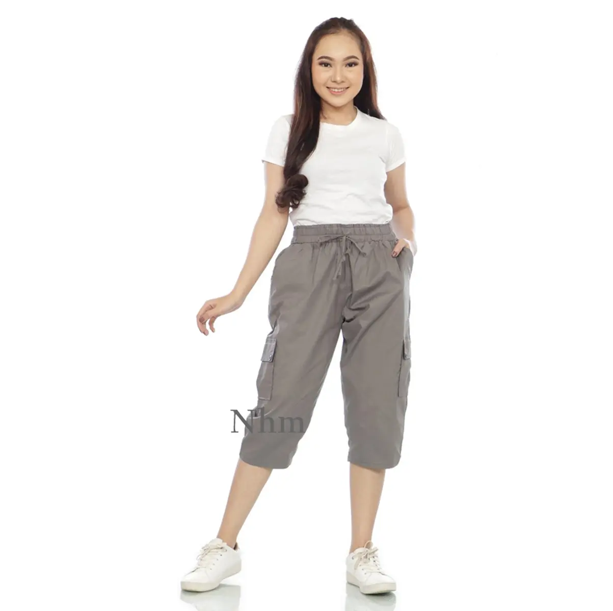 NHM Celana Pendek Wanita Cargo 7/8 Celana Pendek Kantong Santai Casual Katun Standar Stretch Shorts