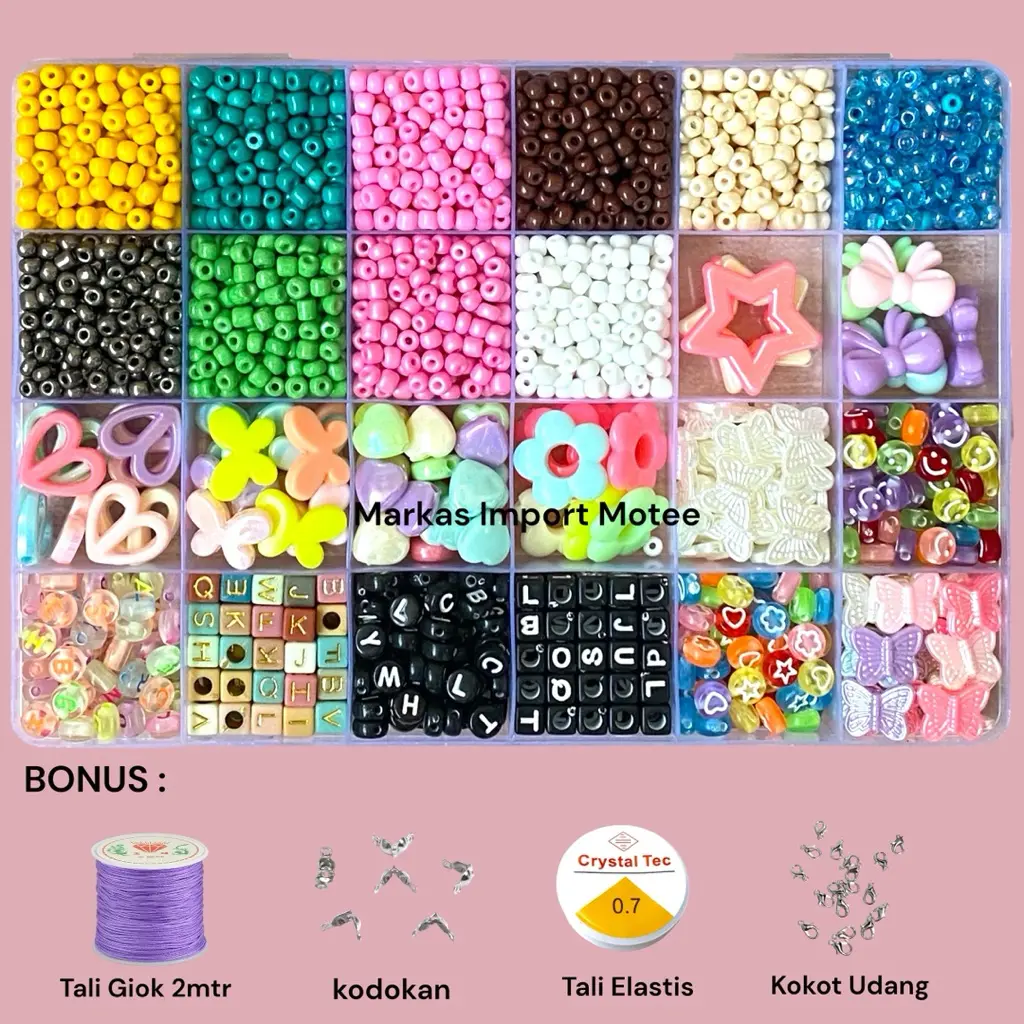 (COD) Manik Manik gelang Pasir Payet + Huruf Abjad Smile 24 Sekat Free Senar Elastis + Tali Giok 2mtr Cincin Gelang Kalung