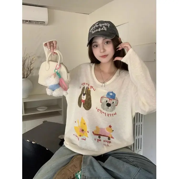 [Slub Thread] Cartoon Print U-Neck Loose Slimming Outerwear Long Sleeve Spring Summer Women's Casual Slim Fit Versatile T-Shirt