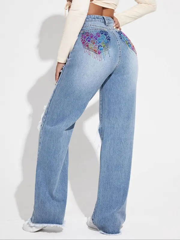 Women's Ripped Jeans, Casual Comfy Button Pocket Denim Trousers for Summer, Fashion Women's Bottoms for Daily Wear 1