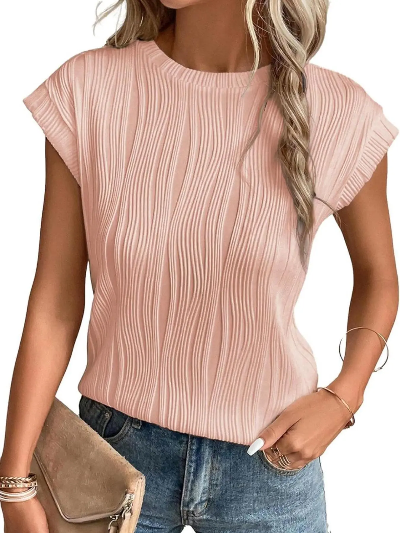 Women's Plain Textured Round Neck Tee, Casual Cap Sleeve T-shirt for Summer, Ladies Clothes for Daily Wear, Summer Clothes, Clothing