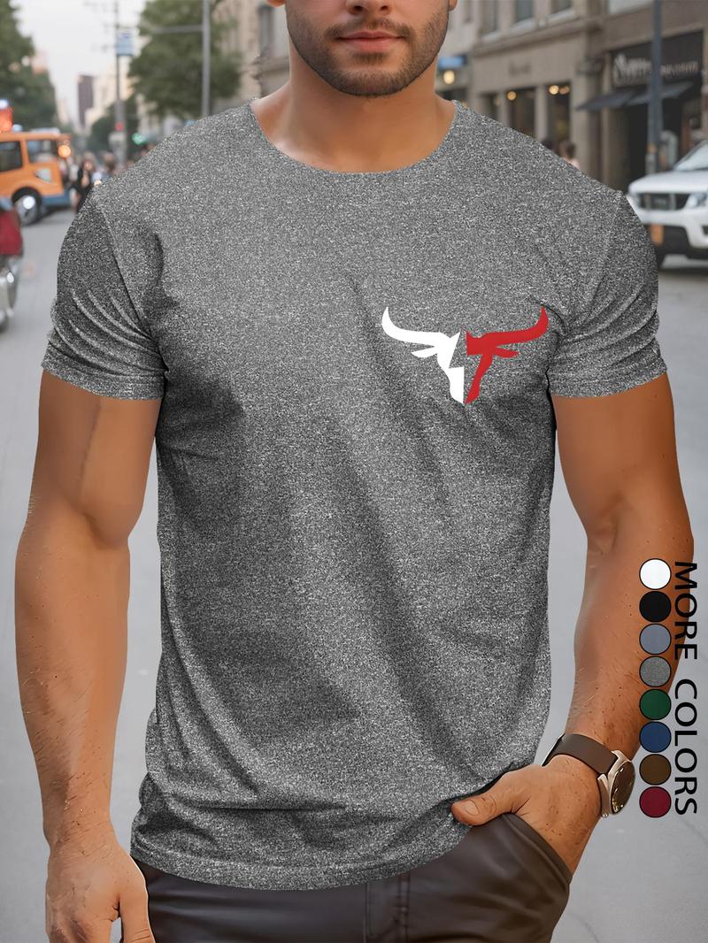 Product Introduction of Men's Regular Fit Bull Head Print Round Neck Tee, Casual Short Sleeve Crew Neck T-shirt for Summer, Fashion Men's Top for Daily Wear 2