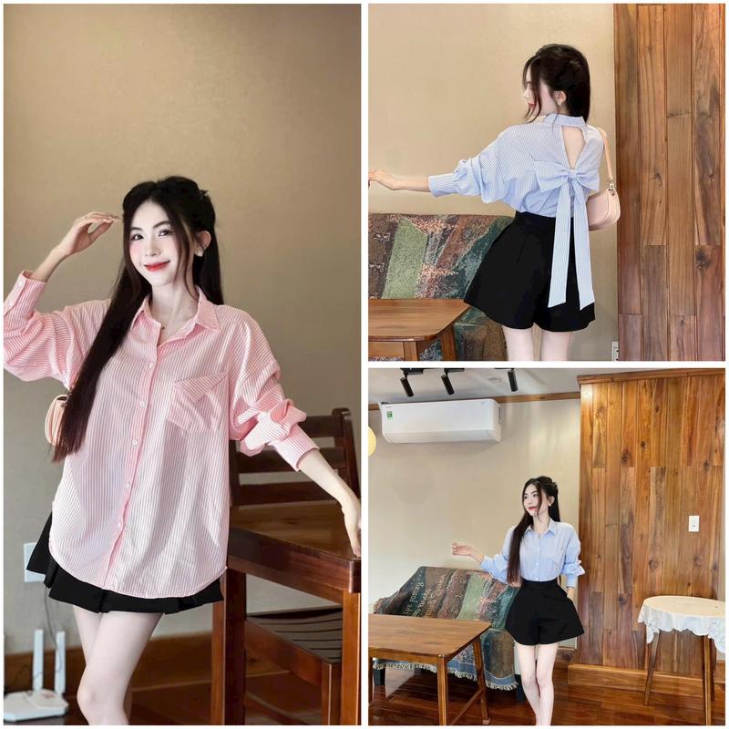 Sét đồ nữ áo sơ mi xốp sọc phối nơ sau lưng phối quần đùi kaki trẻ trung nữ tính phù hợp mặc đi chơi