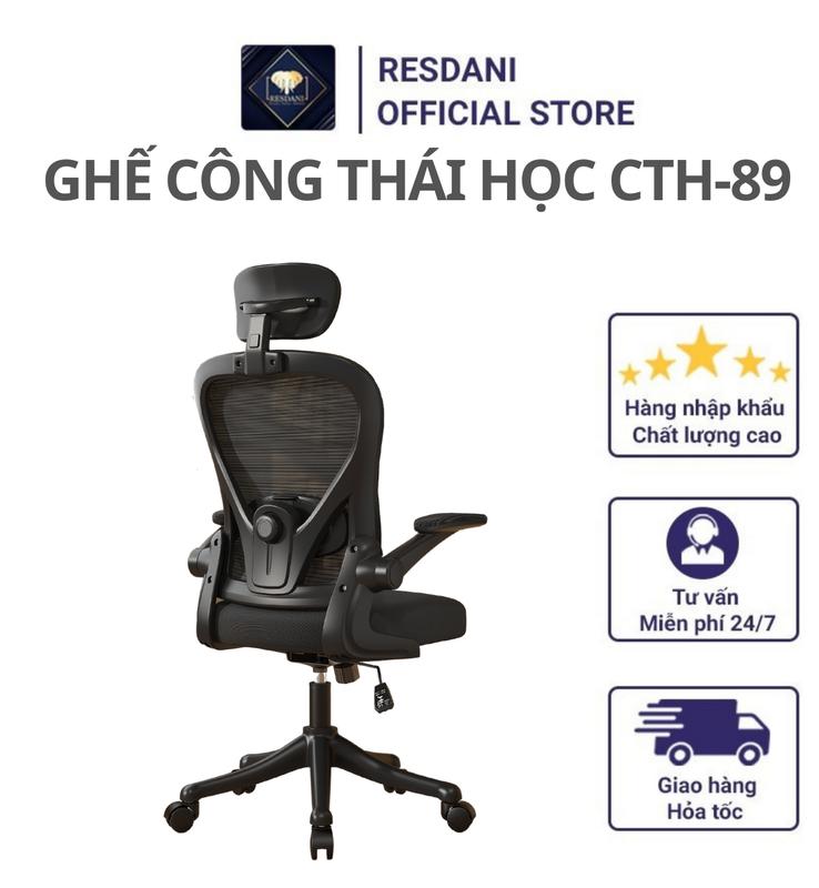Ghế Chân Xoay Văn Phòng CTH-89 Resdani Thiết Kế Công Thái Học Làm Việc Tay Gấp Nệm Lưới Tựa Đầu Xoay 360 Độ