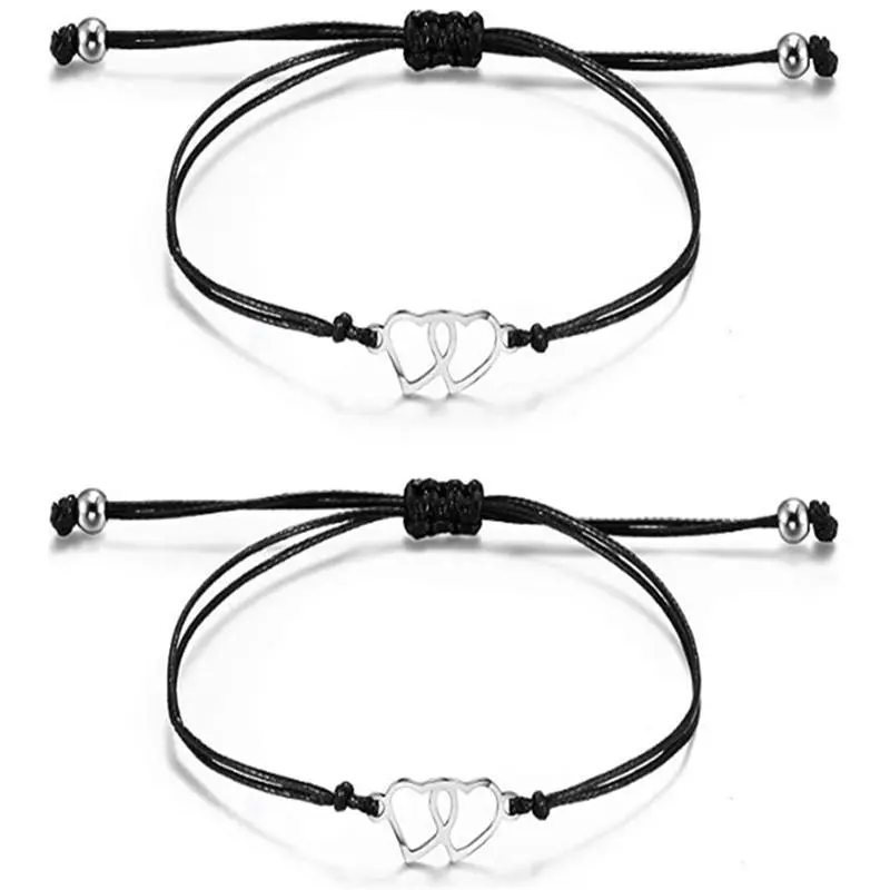 2pcs/set Black Love Bracelet Personality Alloy Double Heart Braided Couple Bracelet