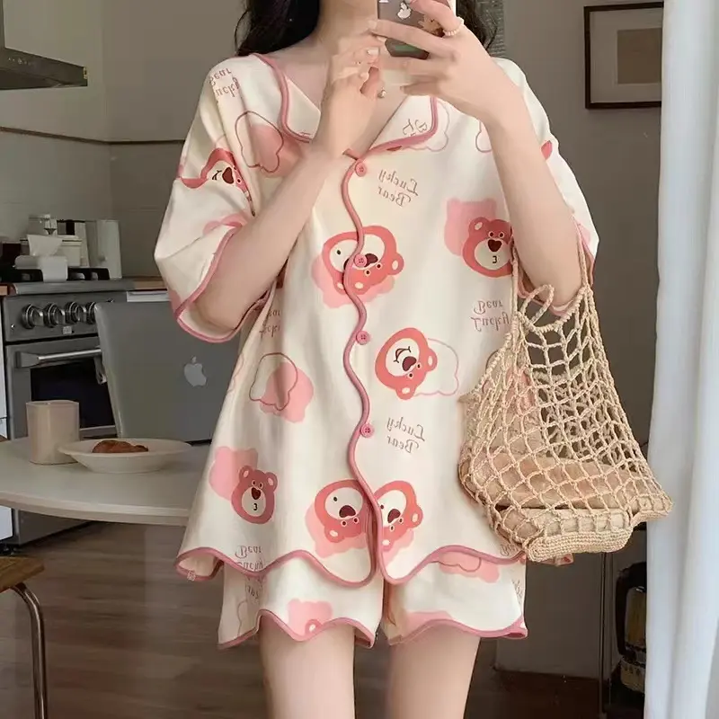 Net Red Wind Pajamas Women's Summer Sweet Cute Student Cardigan Homewear New Milk White Ladies Two-Piece Set Pack Loungewear Nightwear Womenswear Lingerie Pjs Comfort Short Sleeve