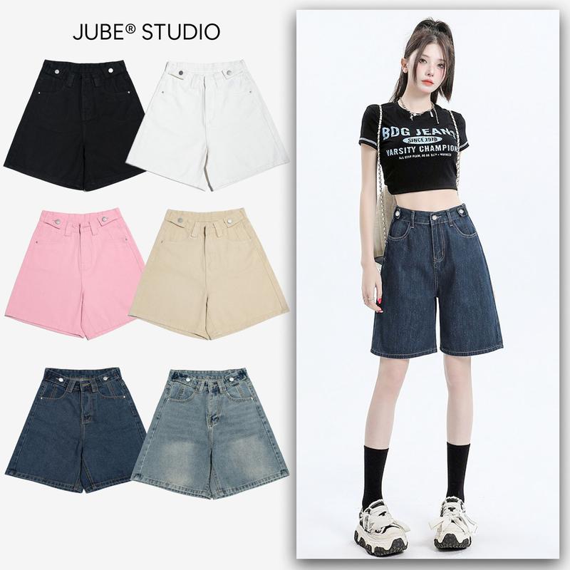 Quần Ngố Jean Nữ Ống Rộng JUBE Lưng Cao Kiểu Dáng Trơn Dây Đai Kiểu Thời Trang