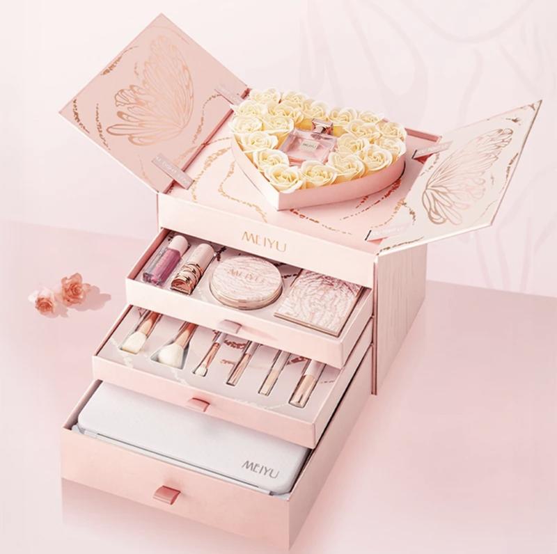 [ Quà tặng ngày lễ tình nhân 14-2 ] Hàng mới về - Bộ quà tặng trang điểm nội địa trung 16 món 3 tầng nhà Hloff có gương Led mở 2 bên có son phấn , các dụng cụ trang điểm Perfume Cosmetic set  makeup hoa biếc