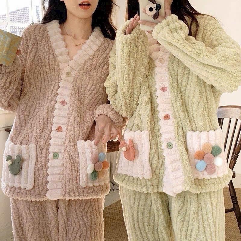 YAMI Bộ Đồ Ngủ tay dài mùa đông vải lông cừu san hô pijama Dễ Thương đồ mặc nhà nữ Dài Tay Màu Xanh