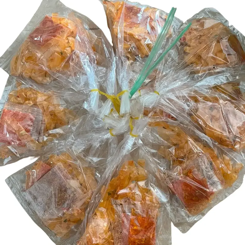 10 bịch Bánh tráng sợi  dẻo  tôm vò sa tế  , muối .Ăn Vặt Food Snack cay 0