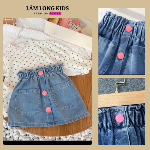 Chân Váy Jean Cho Bé Chân Váy Bò Chữ A Thiết Kế Cúc Hồng Có Quần Bảo Hộ Bên Trong CV2