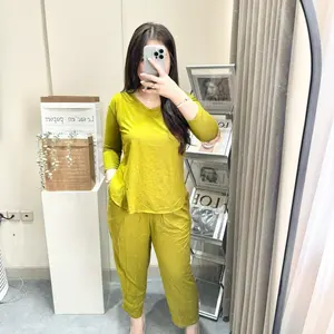 Aleena Set Setelan Lengan 7/8 Celana Panjang Wanita Atasan Rayon Nyaman