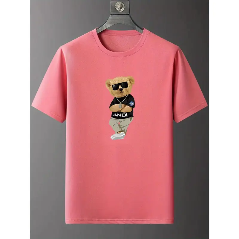 Kaos Penunjuk Arah Creative Cartoon Bear Graphic Print Crew Neck Short Sleeve T-shirt For Men, Breathable Comfy Summer Tops For Daily Wear Work Out And Vacation Resorts kaos  penunjuk 6