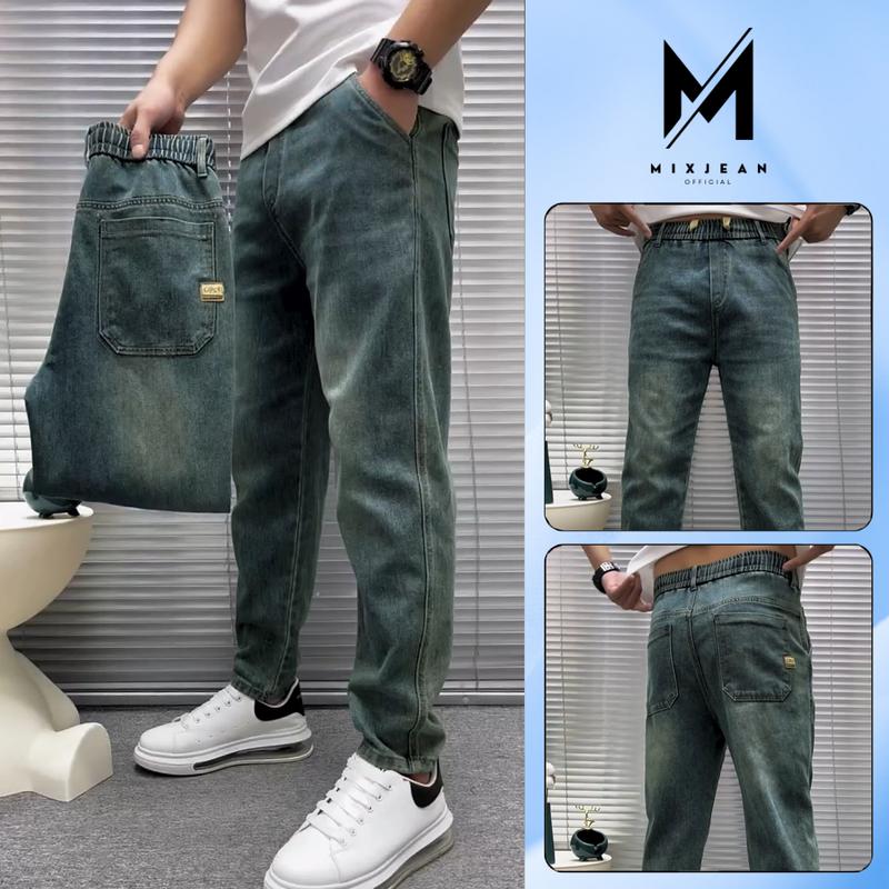 MX08 - Quần jean nam cạp chun basic MIXJEAN quần bò nam màu retro có dây đai trẻ trung năng dộng màu xanh