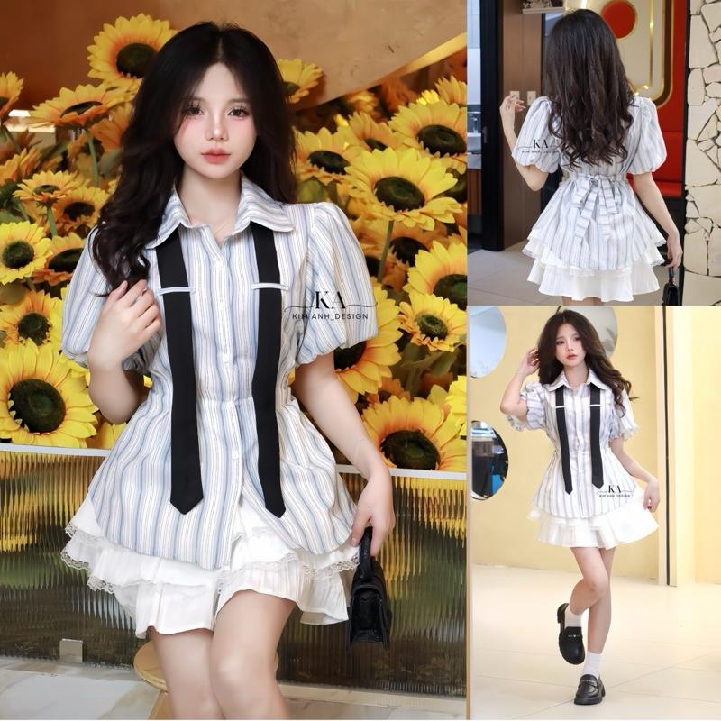   CÓ BIGSIZE  Áo Sơ Mi Kẻ Sọc Chiết Eo Cộc Tay Thiết Kế Tay Bồng Tặng Cavat 