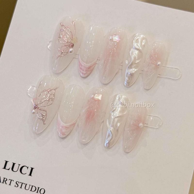  Móng úp nailbox thiết kế L082 vẽ nổi hồng ombre xà cừ dễ thương Hàn Quốc 