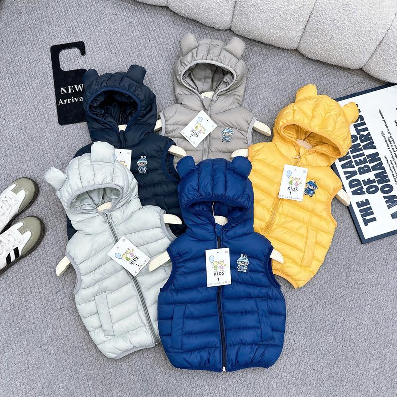Áo khoác Gile siêu nhẹ cho bé trai bé gái Áo phao trần bông thêu gấu Labubu Capybara cho bé từ 6-16 kg