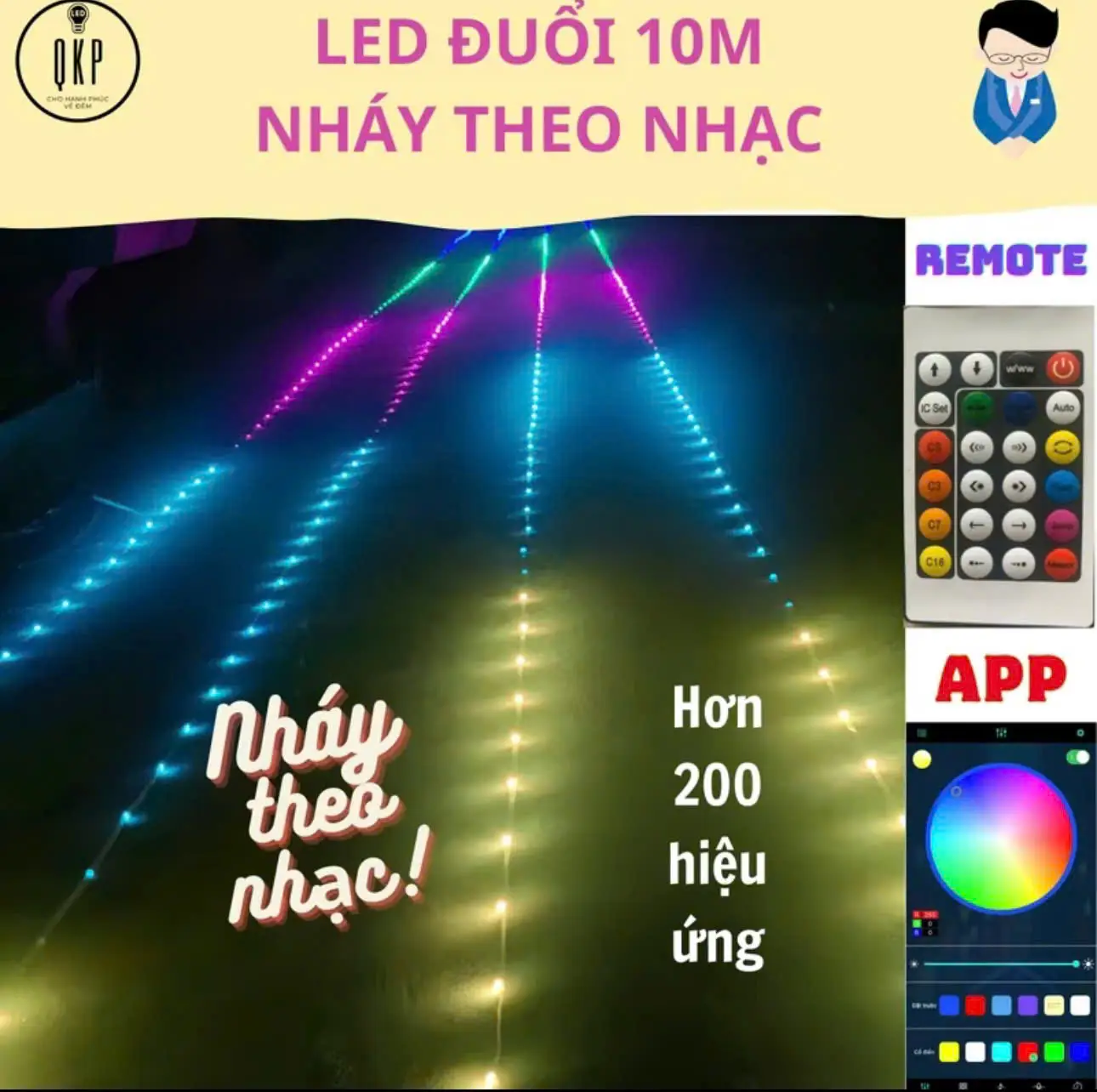 Đèn dây led RGB 16 triệu màu 10M điều khiển bằng điện thoại và Remote, nháy theo nhạc, LED đuổi, LED giọt lệ