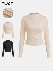 YOZY Mock Neck Tee, Plain Ruched Casual Long Sleeve Skinny T-Shirt, 2024, Spring & Fall, Women's Top for Daily Wear