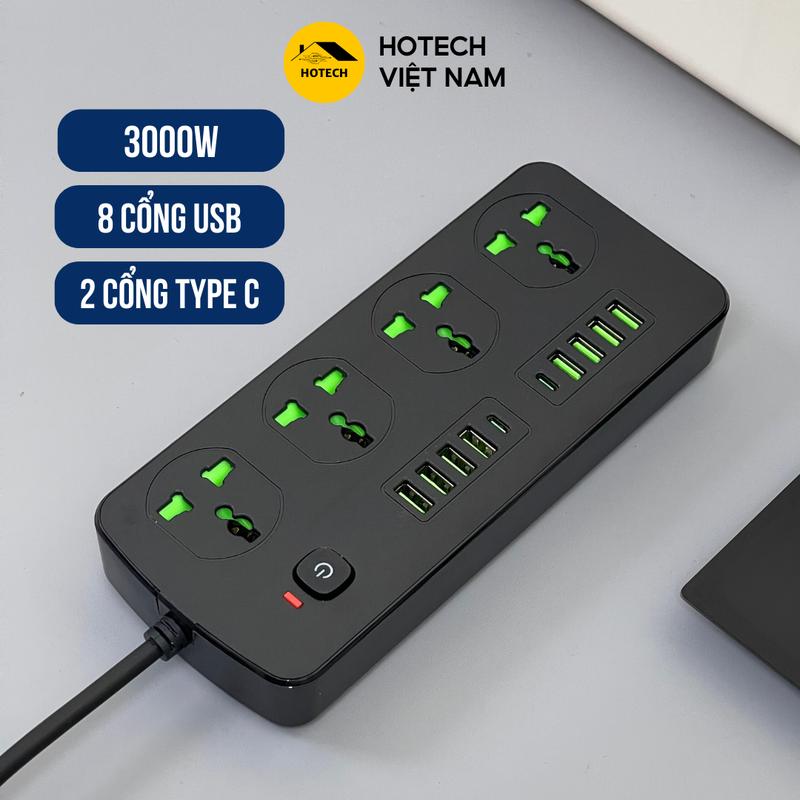Ổ cắm điện đa năng 3000w chống cháy chống giật Hotech rơ le chống quá tải an toàn dây 3M có 8 USB 2 typeC 10W OD35H