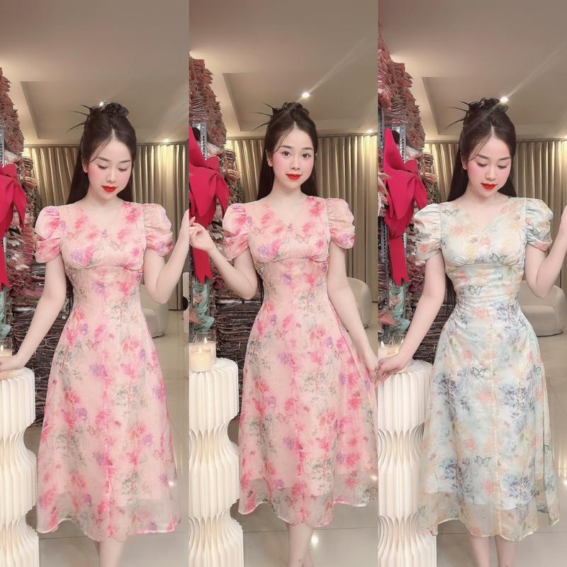 S48 Đầm hoa thiết kế form xoè tay dúm cách điệu váy đi dự đám cưới đầm đi tiệc đi làm đi chơi đều đẹp by Thương Lê S48