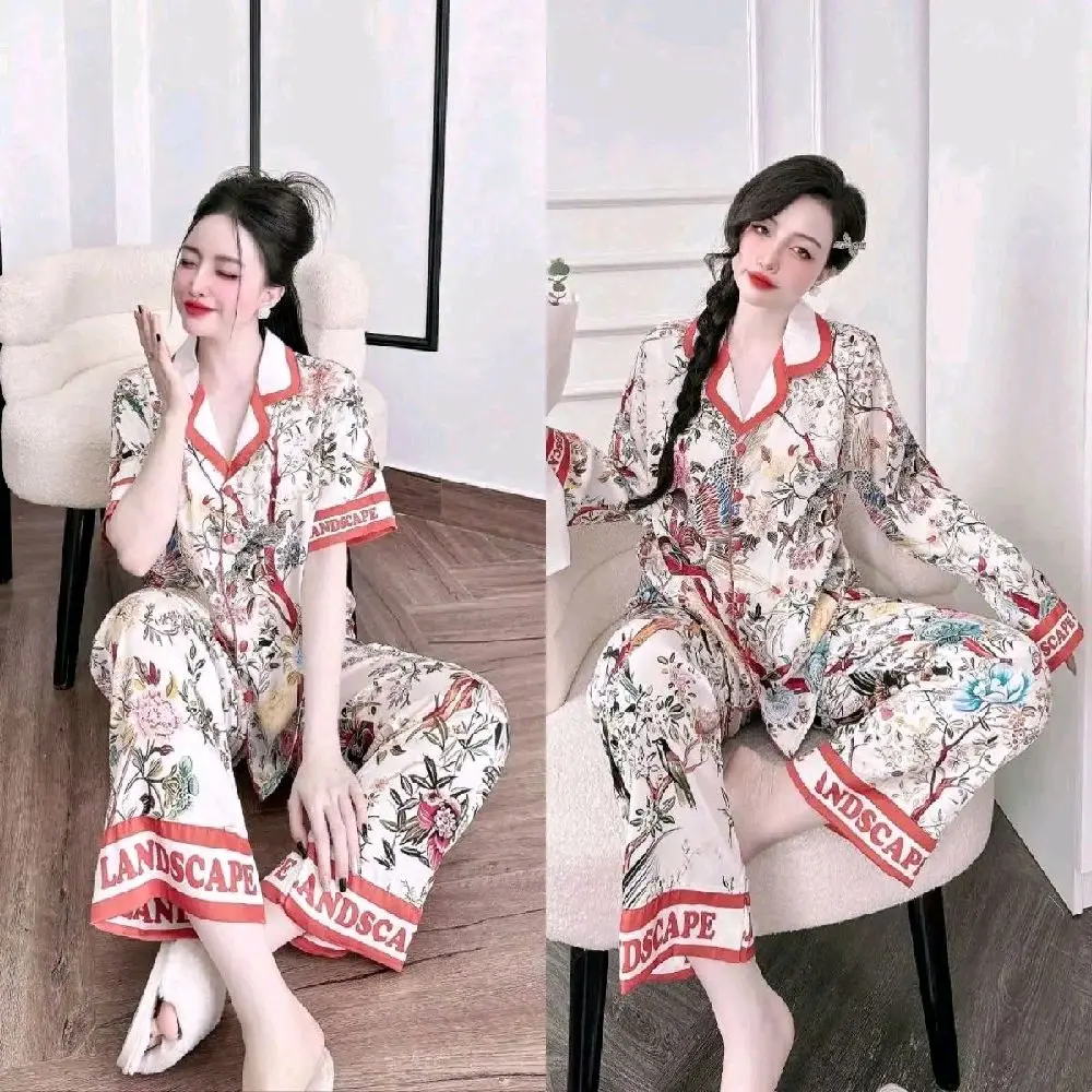 LaTin-6: Bộ Đồ Pijama Nút Bọc Latin (Lụa Mịn)Có Hai Size  45-60kg và 60-75kg Lụa Mềm Mát ,Quần Dài Áo Tay Dài, Ngắn,Họa Tiết Hoa Lá Màu Mới Nữ Mặc Bốn Mùa Quần Ngủ Women Kem