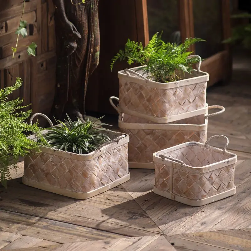 Table American Retro Distressed Flower Basket Bamboo Woven Combination Basket Country Pastoral Storage Basket Photography Props Basket