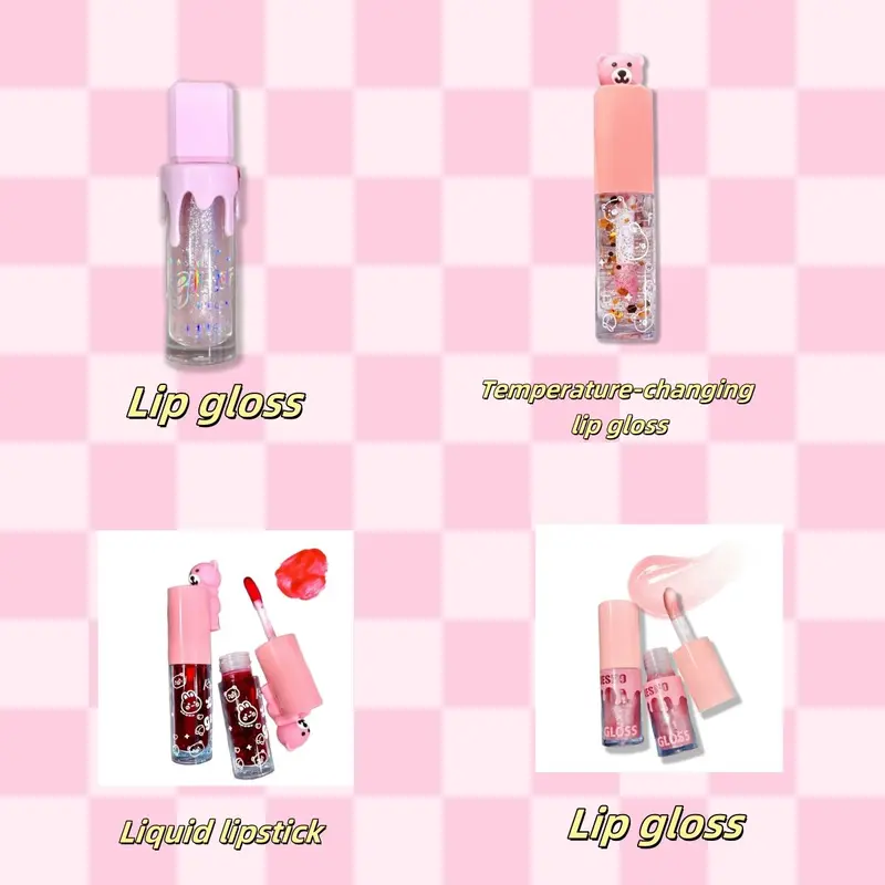 Cartoon Bear Pattern Lip Gloss Set, 4 Counts/set Glitter Lip Glaze, Long Lasting Lipstick, for All Occasions Lip Makeup, Girls Makeup Accessories, Cosmetic 4