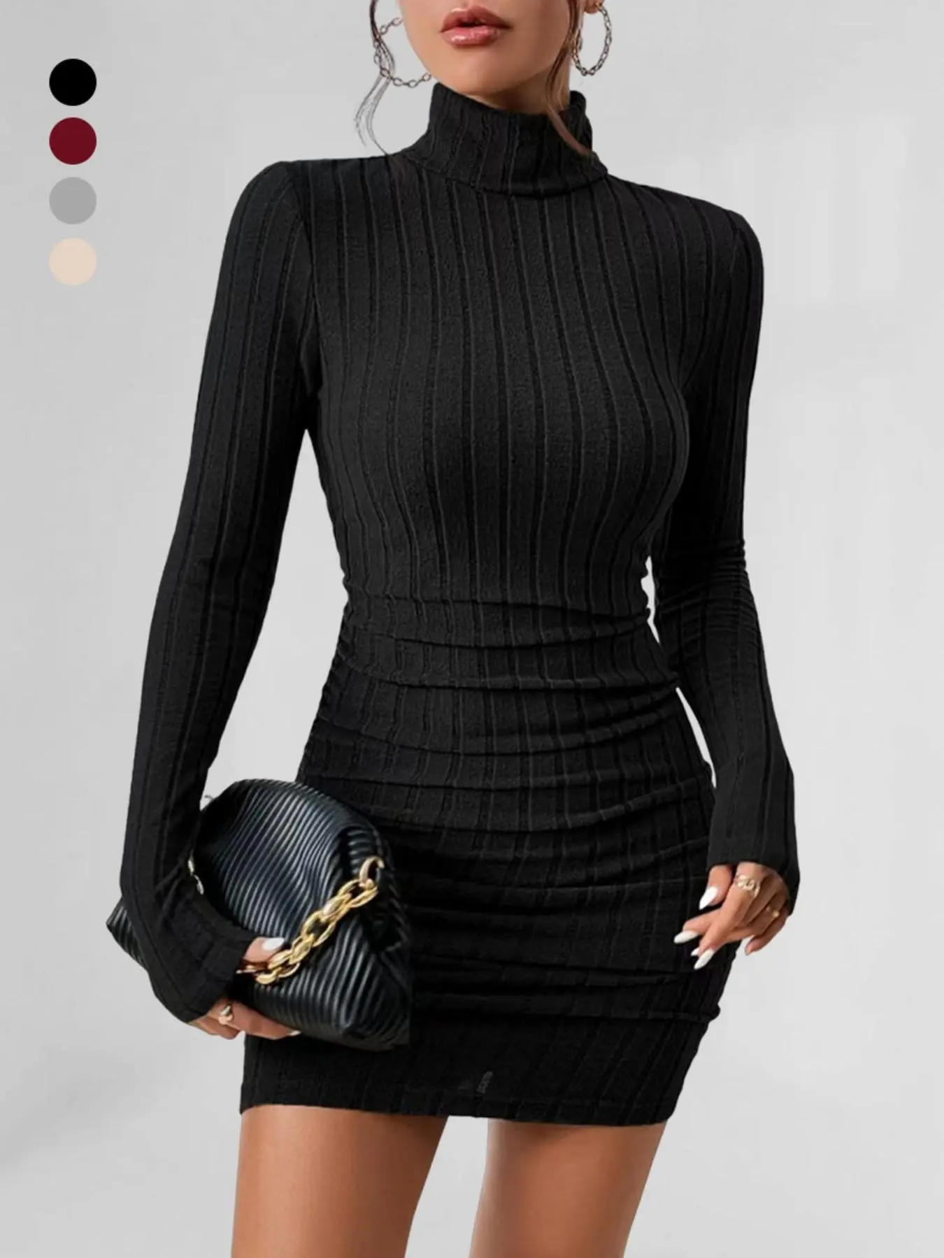Women's Solid Long Sleeve High Neck Bodycon Dress, Elegant Fashion Mini Dress for Daily Outdoor Wear, Women Dress for Fall & Winter Valentine's Day, gift