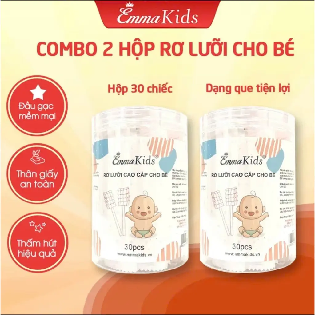 Combo 2 Hộp 30 Que Tưa Lưỡi - Rơ Lưỡi Emma Kids Cho Bé