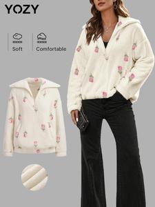 YOZY Women's Floral Print Pocket Zip Up Fuzzy Sweatshirt, Casual Long Sleeve Collared Pullover for Fall & Winter, Women's Clothes for Daily Wear