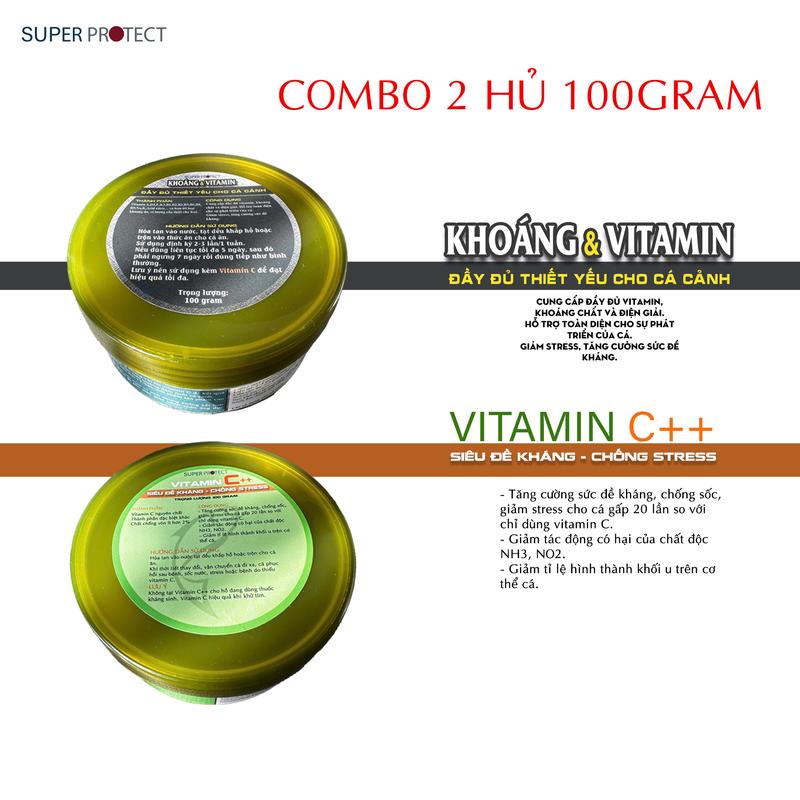  Super protect COMBO 2 HỦ vitamin c 100g và khoáng chất cùng vitamin tổng hợp 100g . Dinh dưỡng cần thiết cho cá cảnh và hệ vi sinh trong hồ cá 