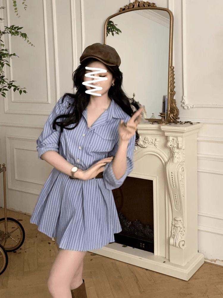 Product Introduction of Váy Sơ Mi Sọc Xanh, Phong Cách Preppy Hàn Quốc, Dành Cho Nữ, Hàng Mới Về Đầu Mùa Thu, Váy Xếp Ly Eo Thanh Lịch 5