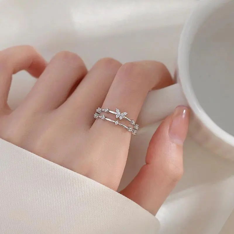 S925 Silver Double Butterfly Rings Silver Gold Gentle Butterfly Adjustable Ring Ladies Girls Korean Fashion Jewelry Accessories