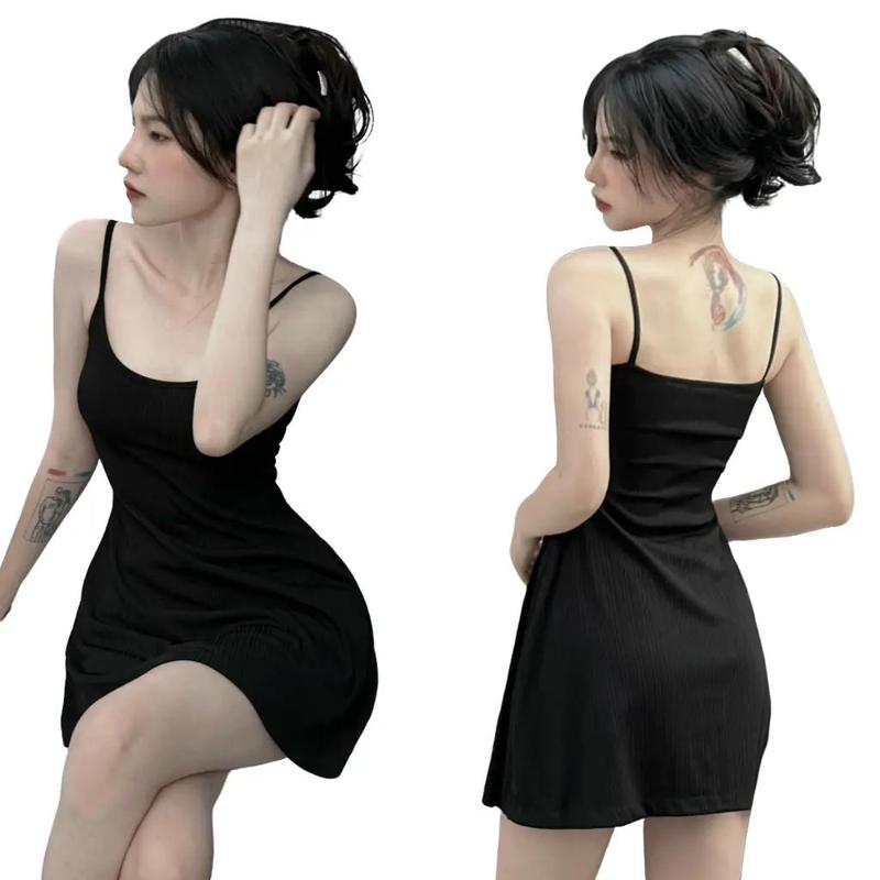 BARE_Đầm hai dây nữ xòe nhẹ kèm quần trong / Áo cardigan chất thun gân mềm mát phong cách đơn gian thanh lịch - D017 Dress Kem Đen Women