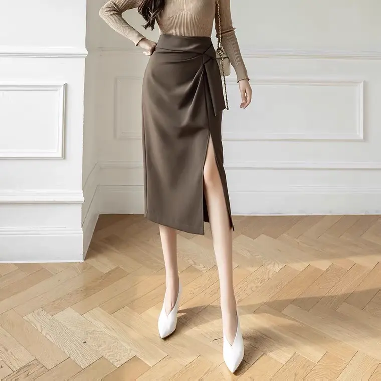 Chân váy công sở Chân váy dáng suông xẻ trước cách Điệu xếp ly che khuyết Điểm dây nơ dài 65cm mẫu mới 58 Susuclothing