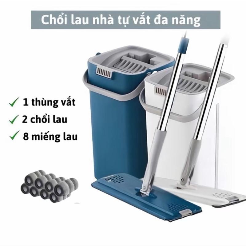Bộ Cây Lau Nhà 2IN1 (1 Thùng, 2 Cây Lau, 8 Bông Lau) Tự Vắt Thông Minh Đầu Xoay 360 Độ Tiện Lợi, Lau Sàn Làm Sạch