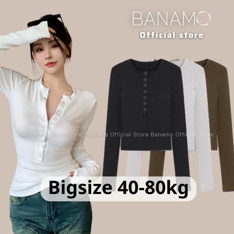 Áo thun nữ BIGSIZE Banamo Fashion Áo ôm body tay dài khuy cài trước màu trơn siêu tôn dáng 3907