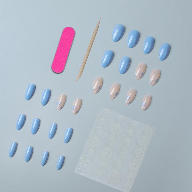 Product Introduction of Blue & Pink Floral Fake Nails with Tools, 24pcs/set French Style Press on Stick on Nails with Stickers & Nail File for Women Nail Art 15