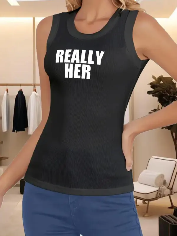 Women's Letter Print Round Neck Tank Top, Casual Sleeveless Crew Neck Top for Summer, Ladies Clothes for Daily Wear, Socks 3