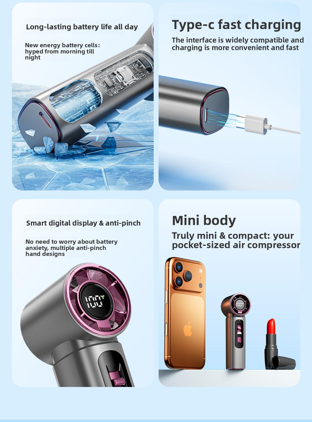 Kipas Pendingin, Kipas Genggam Mini Bergaya, Kecepatan Angin Ekstra Tinggi dengan 100 Pengaturan Kecepatan, Kipas Turbin Portabel untuk Luar Ruangan