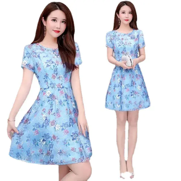 Váy Quần Áo Nữ, Ngoại Cỡ, Trang Phục Mùa Hè, ngắn Tay, Cổ Tròn, Váy Hoa, Ôm Sát Eo, Váy Trông Trẻ Trung, Váy Cho Mẹ 4