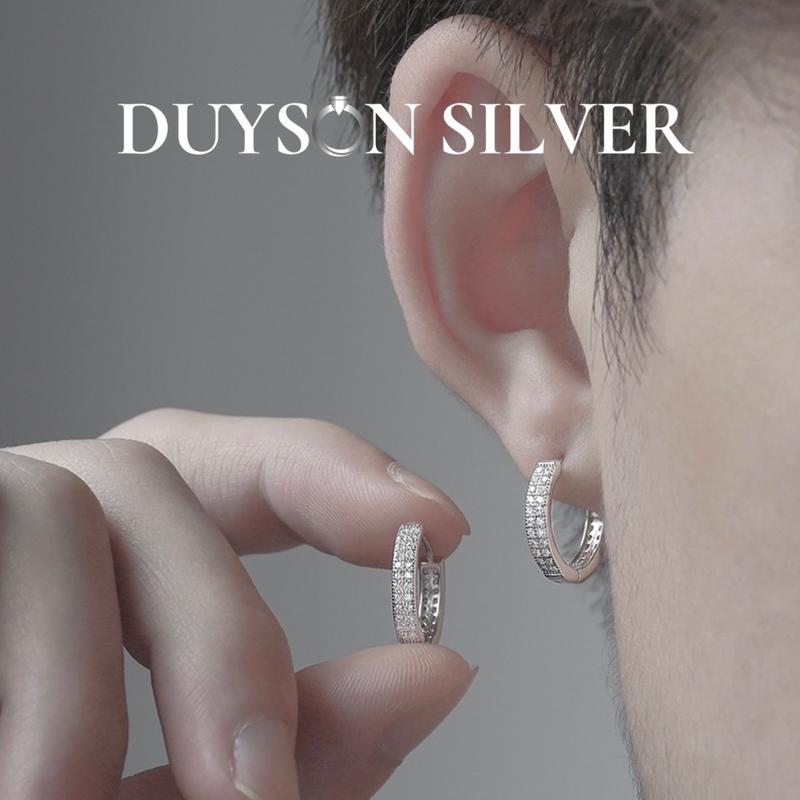 Khuyên tai nam nữ bạc 925 vòng tròn đính đá chốt bấm bông tai bạc đơn giản cá tính unisex Duyson Silver KVDDKX2