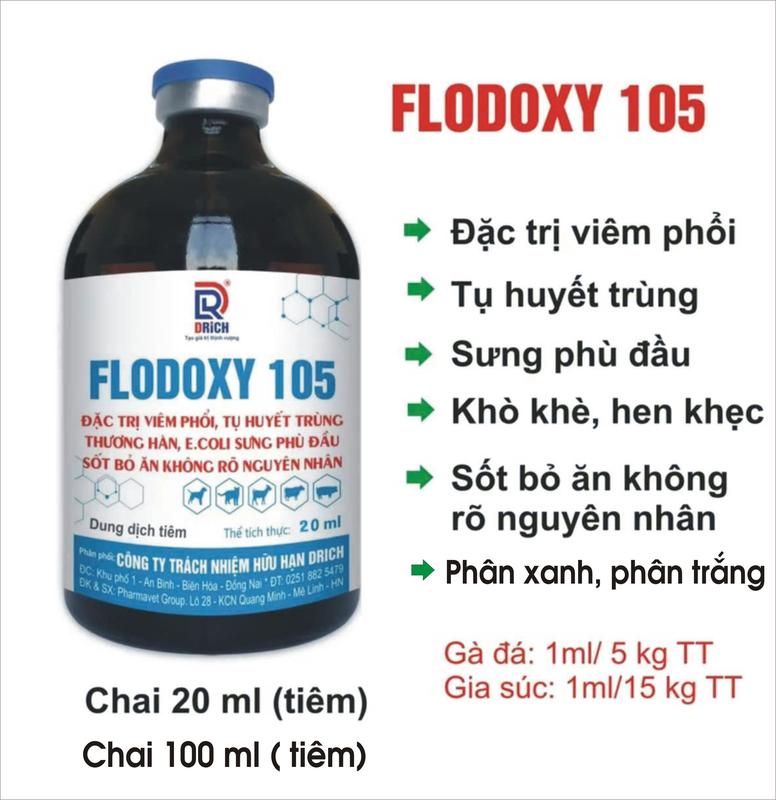 FLODOXY 105. Thuốc tiêm Đặc tr.ị tụ huyết trùng viêm phổi sưng phù đầu khò khè sổ mũi hen khẹc tiêu chảy trên gà đá gà cựa gà đòn Dạng lỏng